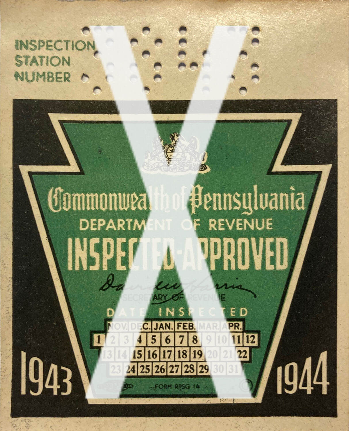 (image for) 1943-44 Pennsylvania ORIGINAL Inspection Sticker